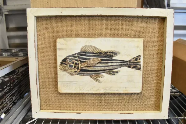 Rustic frame with fish artwork on burlap background, distressed edges. Frame is part of a lot with two others.