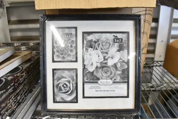 Three-piece frame set, includes 5x7 and 2.5x3.5 openings, floral images, black border, new condition, Special Moments brand.