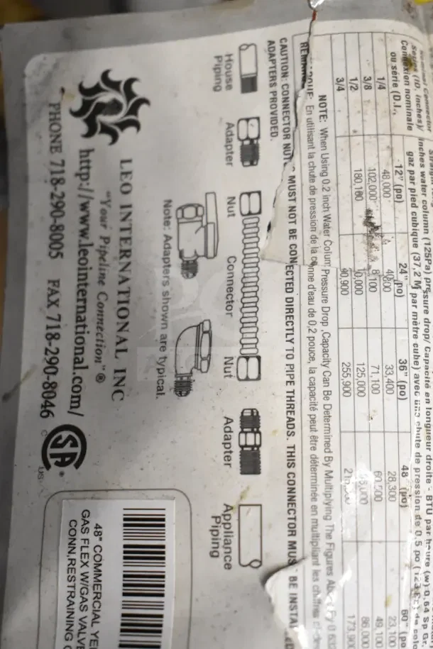 Leo International 48" Commercial Yellow Gas Flex Hose; includes adapters, nuts, connectors, and appliance piping details.