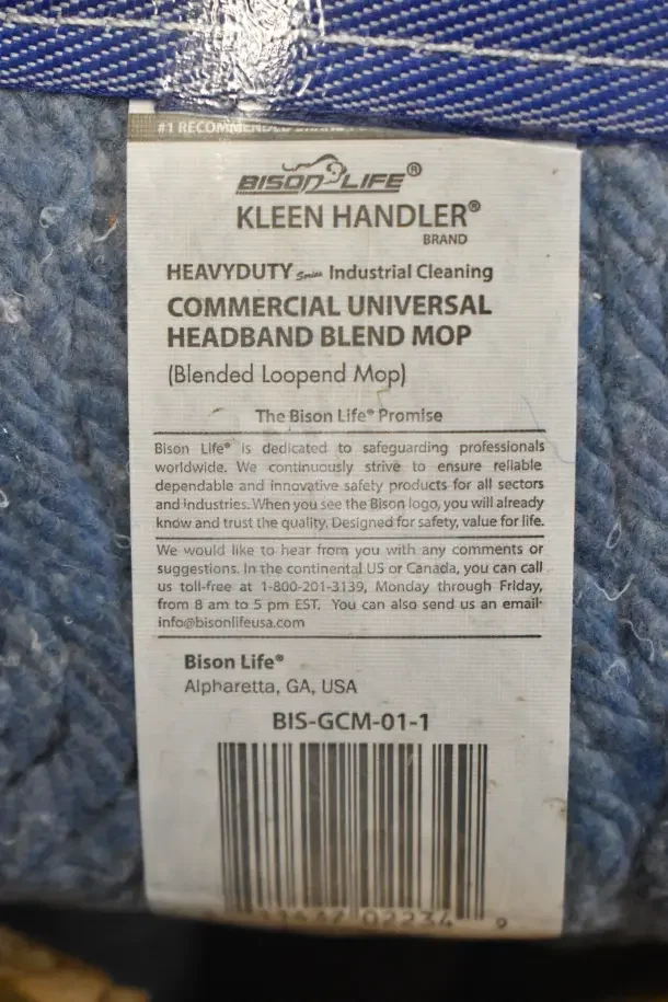 Brand new Bison Life Kleen Handler commercial mop heads, heavy-duty blend, blue color, package shows label with usage info.