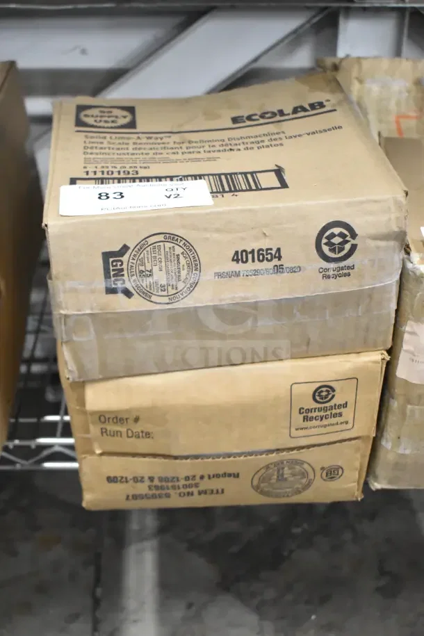 Two boxed items: Ecolab Solid Lime-a-way cleaner and Diversey Pro Strip SC Floor Stripper. Boxes show recycling symbols.