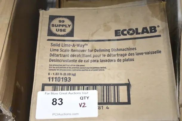 2 Items: Ecolab Solid Lime-a-way for dishmachine deliming; Diversey Pro Strip SC floor stripper. New, boxed. Tags show product details.