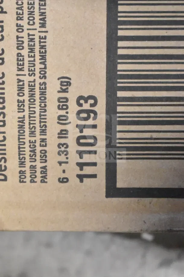 Cardboard packaging with barcode and "For Institutional Use Only" label on Ecolab and Diversey cleaning products.