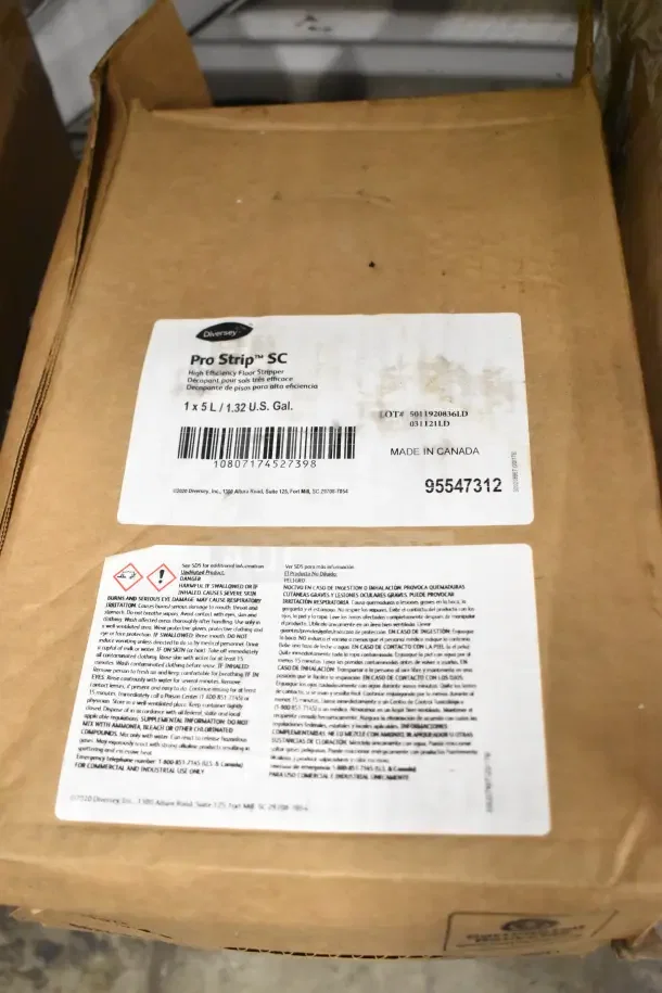 Cardboard box containing Diversey Pro Strip SC High Efficiency Floor Stripper, labeled with product details and safety warnings.