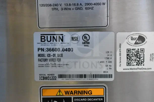 Bunn ICB-DV 36600.0400 iced tea machine label, showing model, voltage, serial number, and safety warnings.