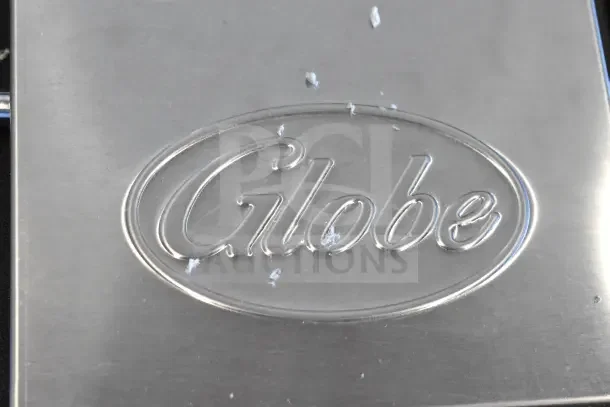 Globe logo on a stainless steel 2025 Globe GPGDUE10 Commercial Double Panini Press. Model GPGDUE10, 240V, 1 Phase.
