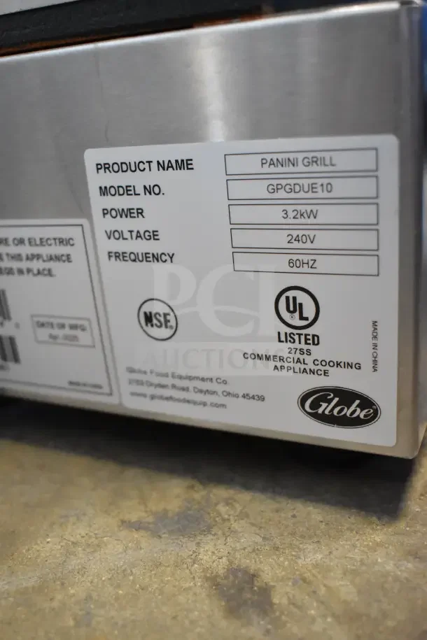 Globe GPGDUE10 Commercial Panini Press, 240V. Features label: 3.2kW, 60Hz, NSF and UL listed. Made in China.