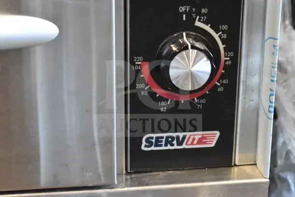ServIt 423WDSFS1 single drawer warmer, new with scratches, 120V, temperature control dial, ServIt logo visible.
