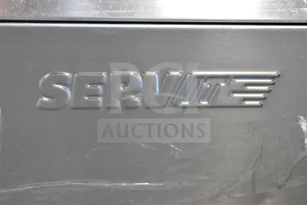 ServIt 423HDM26SA logo on metal surface, showing minor scratches. Features: 26" heated display case, scratches on glass, 120V.