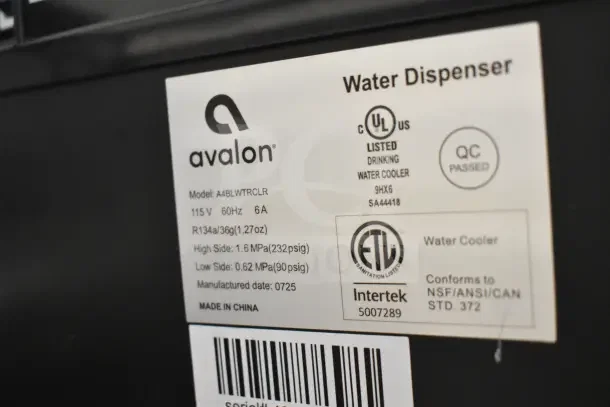 Avalon A4BLWTRCLR water dispenser label showing model details, 115V, QC passed, meets NSF/ANSI/CAN standards.