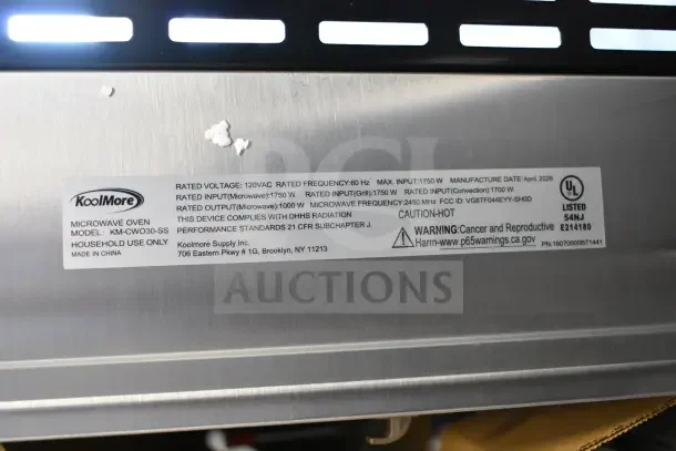 KoolMore KM-CWO30-SS microwave label, showing 120V, 1 phase, convection and air fryer features, minor scratches visible.