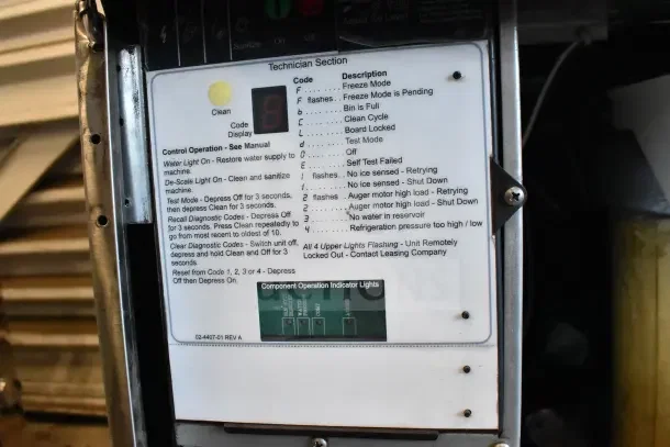Scotsman NH0622A-1B commercial ice machine control panel, showing diagnostic codes and operation instructions, 644 lb capacity.