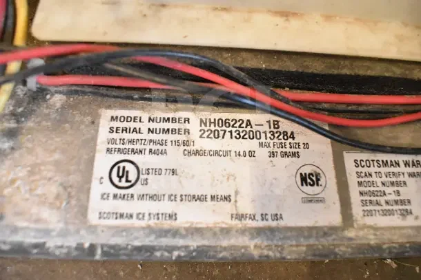 Scotsman NH0622A-1B ice machine label shows model, serial number, 115V, UL listed, NSF certified, uses R404A refrigerant.