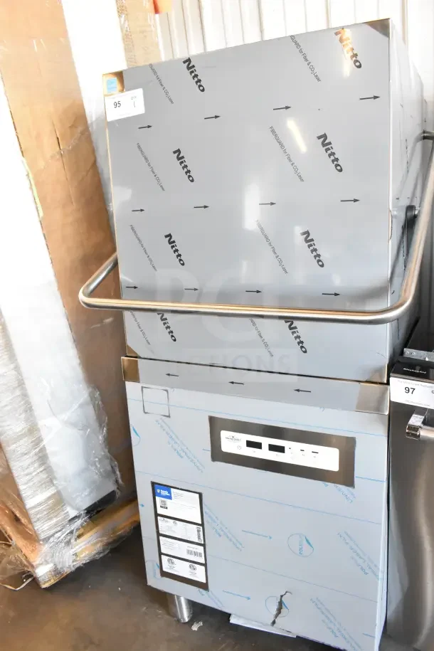 Brand new Mainstreet 541HTDT401 high-temp door-type dish machine with booster heater, 208-240V, single-phase, minor dents.