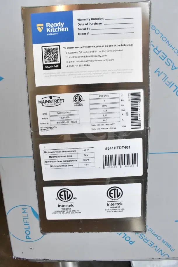 Brand new 2025 Mainstreet 541HTDT401 high-temp dish machine with booster heater, 208-240V, single rack, warranty info visible.