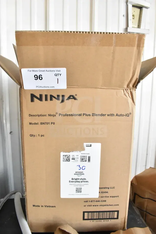 Ninja BN701 Blender with pitcher in original box, new condition. Features Auto-iQ technology. Model BN701 P0. Box tag visible.