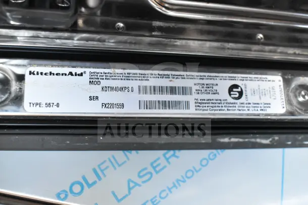 KitchenAid KDTM404KPS Undercounter Dishwasher label, 115V, 1 Phase, Model KDTM404KPS 0, Serial FX2201559, Type 567-0.