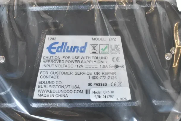 Edlund EPZ Scale, Model EPZ-10, features power specs and serial number 011797. Made in China, QC passed label shown.
