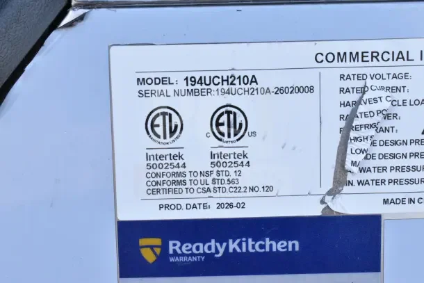 BRAND NEW SCRATCH AND DENT Avantco 194UCH210A commercial ice machine label showing ETL certification and Ready Kitchen warranty.