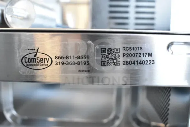 BRAND NEW Amana RCS10TS commercial countertop microwave, 120V, with scratch and dent, ComServ service tag visible.
