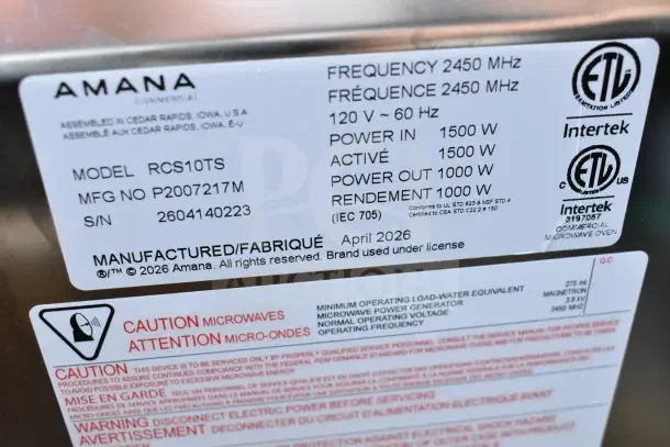 BRAND NEW Amana RCS10TS Commercial Microwave Oven, 2026 model. 120V, 1500W input, 1000W output. Scratch and dent.