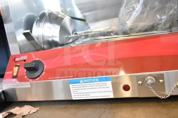 "Brand new Avantco countertop hot dog merchandiser, red panel, adjustable temperature knob, minor cosmetic scratches."