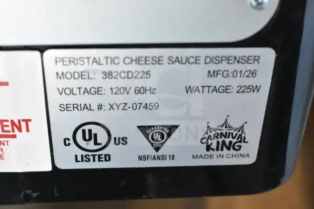 "Label on Carnival King 382CD225 peristaltic cheese sauce dispenser showing model, voltage, serial number, and UL certification."