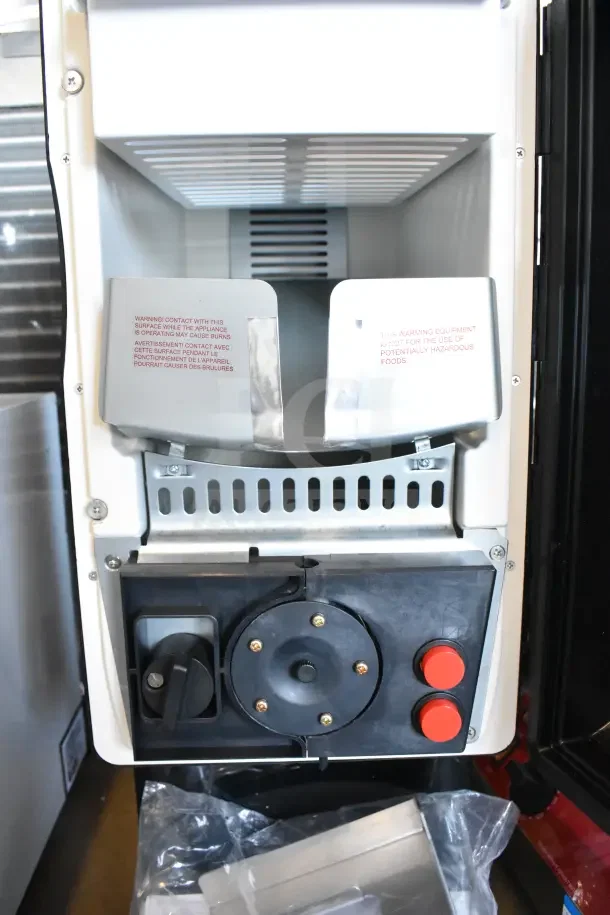 Carnival King 382CD225 cheese sauce dispenser, new condition, 120V, 1 phase, visible warning labels and controls.