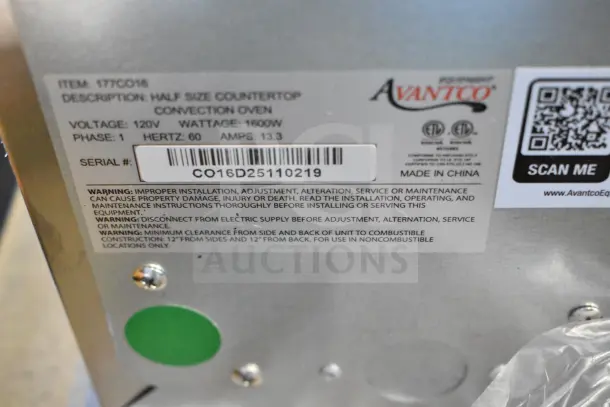 Brand new Avantco 177CO16 half-size countertop convection oven, 1.5 cu. ft., 120V, 1-phase, with scratch and dent. Serial: CO16D25110219.