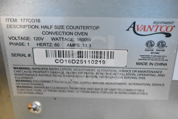 Label of Avantco 177CO16 convection oven, showing model, voltage, wattage, and safety warnings. Made in China. Serial: CO16D25110219.