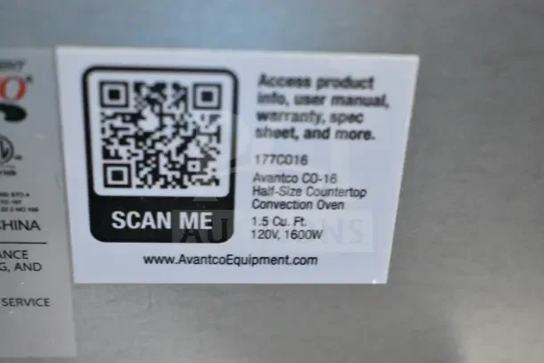 QR code and label on Avantco 177CO16 Half-Size Countertop Convection Oven, 1.5 Cu. Ft., 120V, 1600W.
