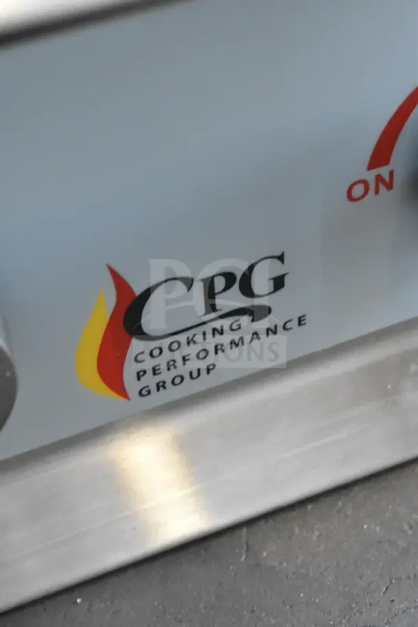 Cooking Performance Group logo on a gas range. 4-burner, 88,000 BTU, no grates. Scratch and dent condition.