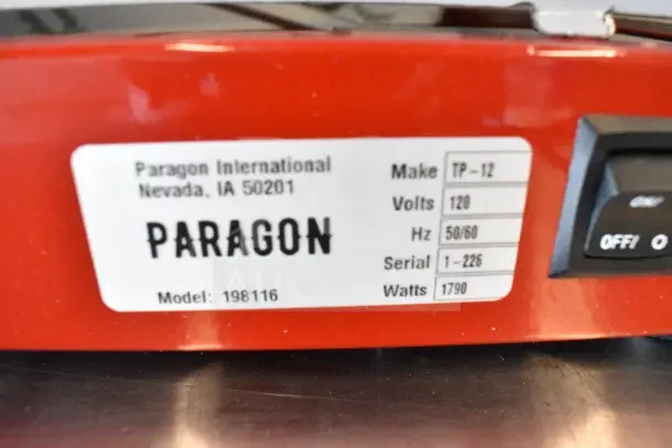 Paragon 198116 Red Popcorn Machine, 16 oz, 120V. Scratch and dent condition. Features power switch and label with specs.