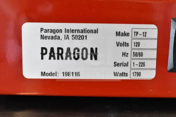 Paragon 198116 16 oz. Red Popcorn Machine, scratch and dent, 120V, 1790W, Model 198116, serial 1-226.