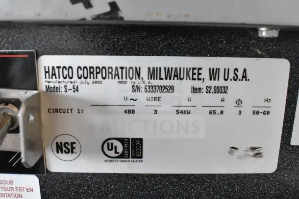 Hatco S-54 54kW booster water heater label showing model, voltage, and certification marks. Brand new, scratch and dent condition.