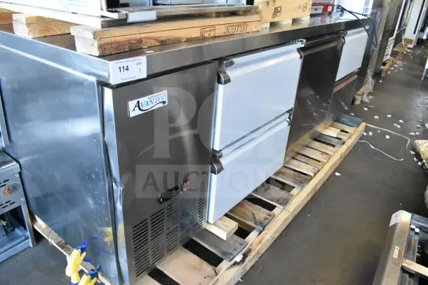 Avantco commercial undercounter cooler, new with scratches and dents, features one door, four drawers, 115V, 1 phase.
