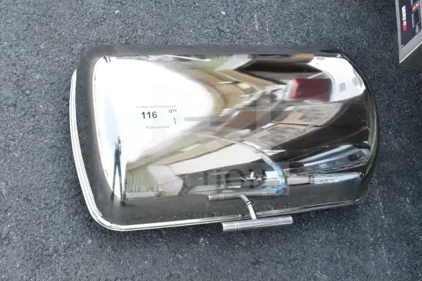 Brand new chafing dish lid, stainless steel, reflective finish, minor dents. Auction tag 116 visible.