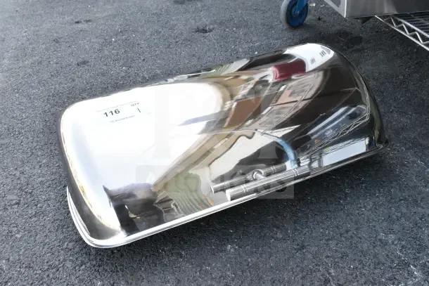 Brand new scratch and dent chafing dish lid, shiny stainless steel finish, labeled "116 Qty 1" for auction.