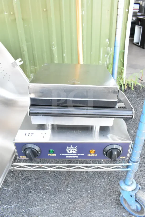 BRAND NEW Carnival King 382WBS46 Brussels Style Waffle Maker with Timer, 120V, minor scratches, features power/heating knobs.