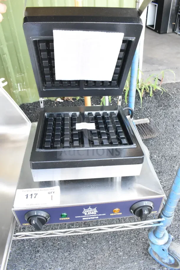 Brand new Carnival King 382WBS46 Brussels waffle maker with timer, 120V, scratch and dent condition, power and temperature knobs.