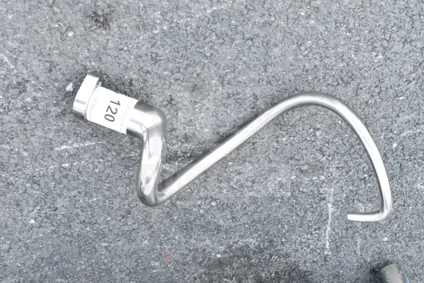 Brand new scratch and dent dough hook attachment for mixer, metal, with visible label "120".