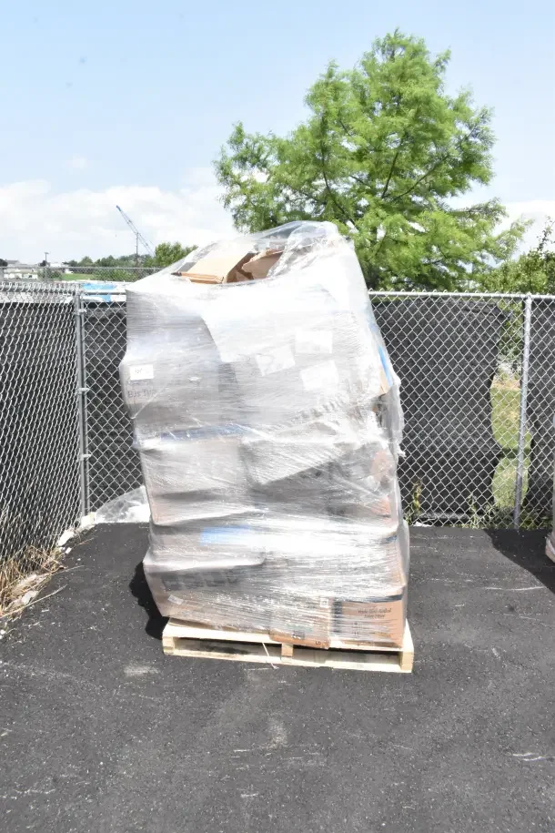 Pallet of assorted scratch and dent items, including spoons, door, tumblers, wrapped in plastic. 44 items total.