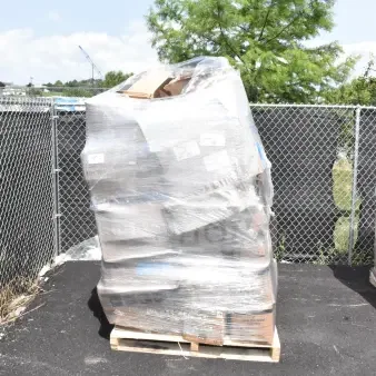Pallet of assorted scratch and dent items, including spoons, door, tumblers, wrapped in plastic. 44 items total.