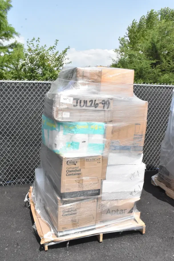 Pallet of 27 assorted items including shopping bags, food trays, honey bottles, in original packaging. Marked "JUL26-99."