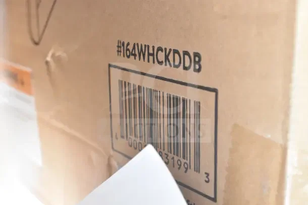 Cardboard box corner with barcode and item code "#164WHCKDDB". Part of 28 scratch and dent items, new condition.