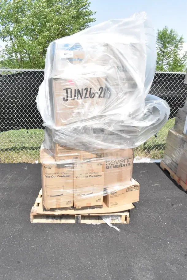 Pallet of 25 new items including plates and containers. Marked "JUN26-210." Some boxes labeled "Seventh Generation" and "Take-Out Container."