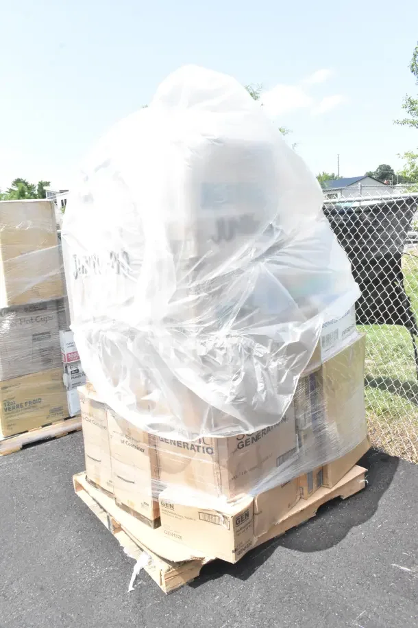 Pallet with 25 brand new scratch and dent items, wrapped in plastic. Includes plates, tongs, containers.