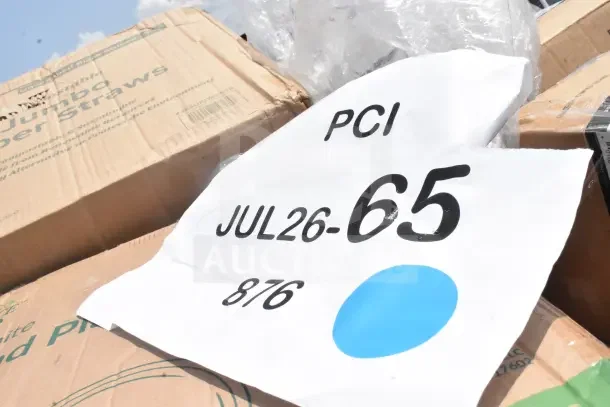 Image of a cardboard box for sale labeled "Jumbo Paper Straws." A tag reads "PCI JUL26-65 876" over a blue dot.