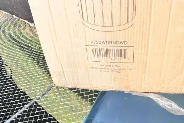 Cardboard box with barcode and model 475DW11RNDWD, labeled "Made in China" for Clark Core Services, LLC Lancaster, PA.