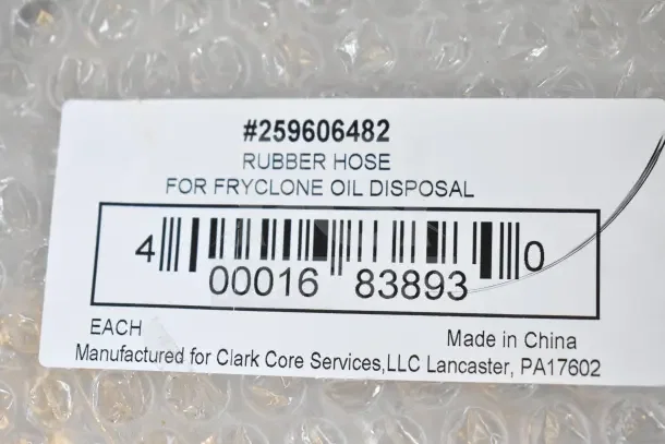 BRAND NEW Fryclone rubber hose for fryer oil disposal, model 259606482, slight cosmetic damage, made in China.